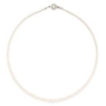 A PEARL AND DIAMOND NECKLACE in 18ct white gold, comprising a single row of graduated pearls ranging