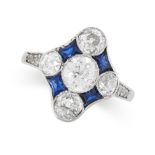 AN ART DECO SAPPHIRE DIAMOND RING set with five old cut diamonds and calibre cut sapphires, the