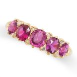 A VINTAGE RUBY AND DIAMOND FIVE STONE RING in 18ct yellow gold, set with five oval cut rubies