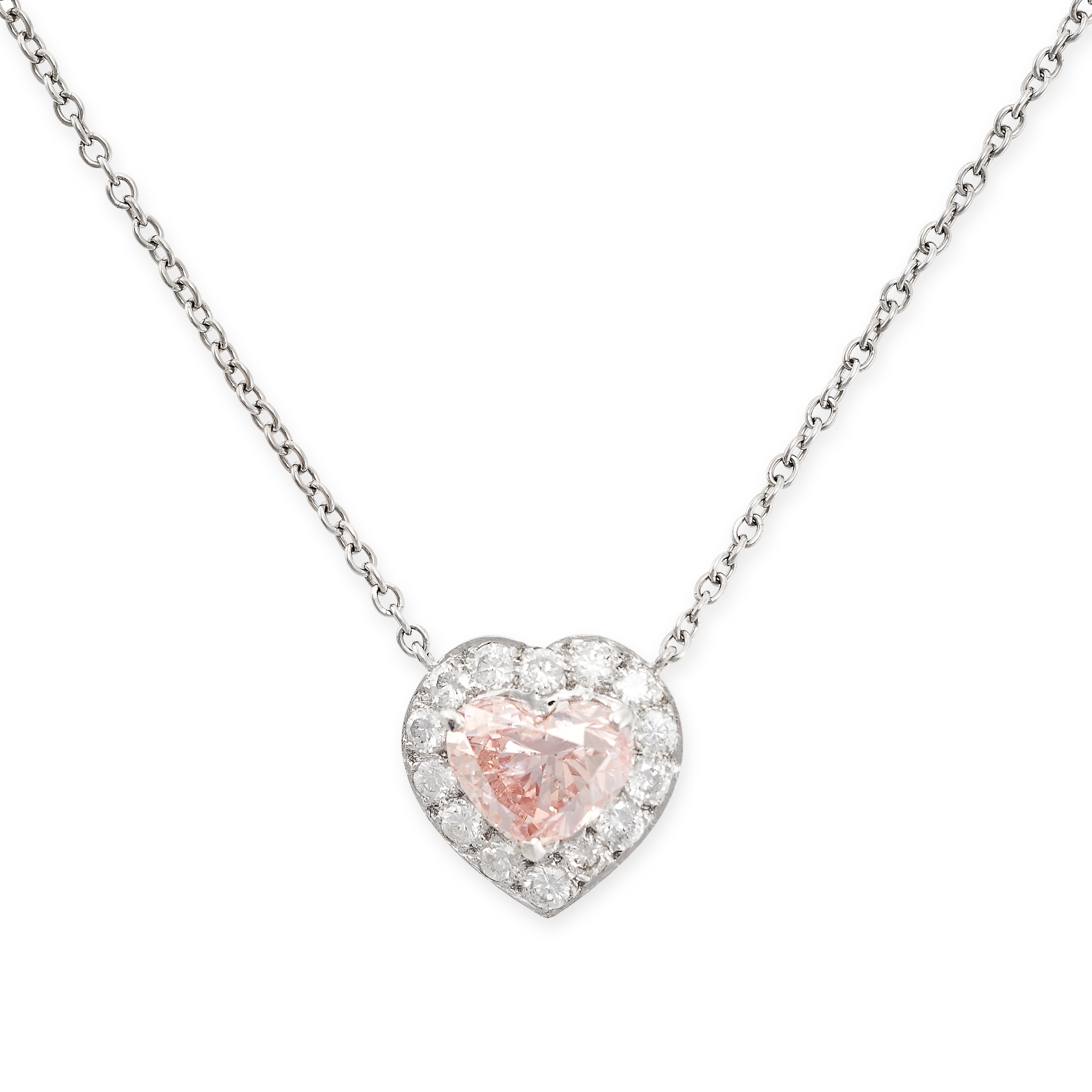 A PINK DIAMOND AND WHITE DIAMOND HEART PENDANT NECKLACE in platinum, set with a heart shaped fancy