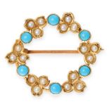 AN ANTIQUE TURQUOISE AND PEARL BROOCH in yellow gold, designed as a wreath of leaves set with