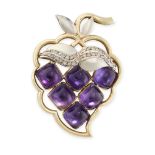 AN AMETHYST AND DIAMOND BERRY BROOCH in yellow gold and white gold, set with six cabochon