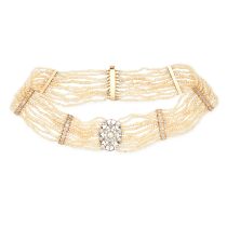 AN ANTIQUE NATURAL PEARL AND DIAMOND CHOKER NECKLACE comprising ten rows of pearls, accented by bars