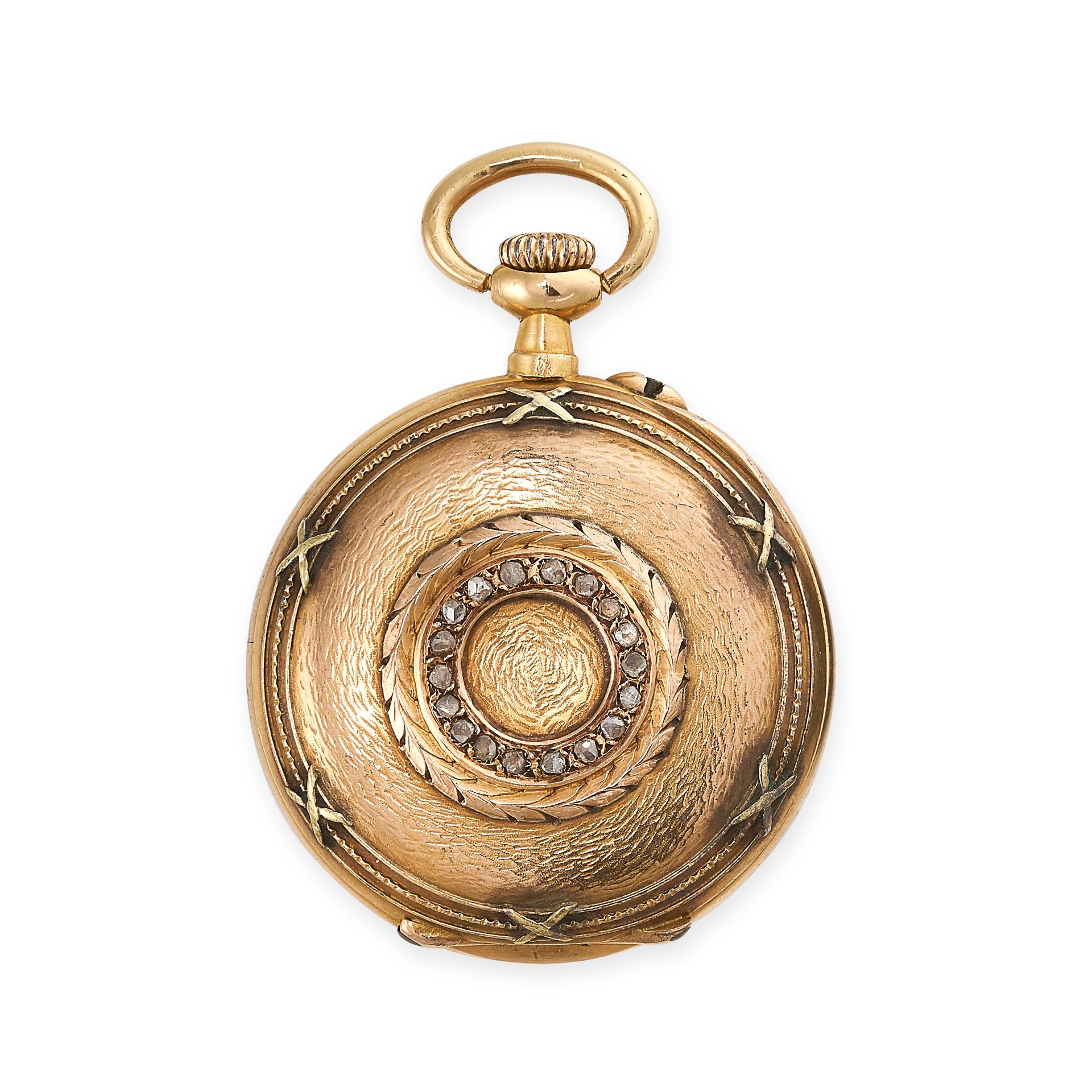 AN ANTIQUE DIAMOND POCKET WATCH in 18ct yellow gold, the circular case with textured and cross - Bild 2 aus 2