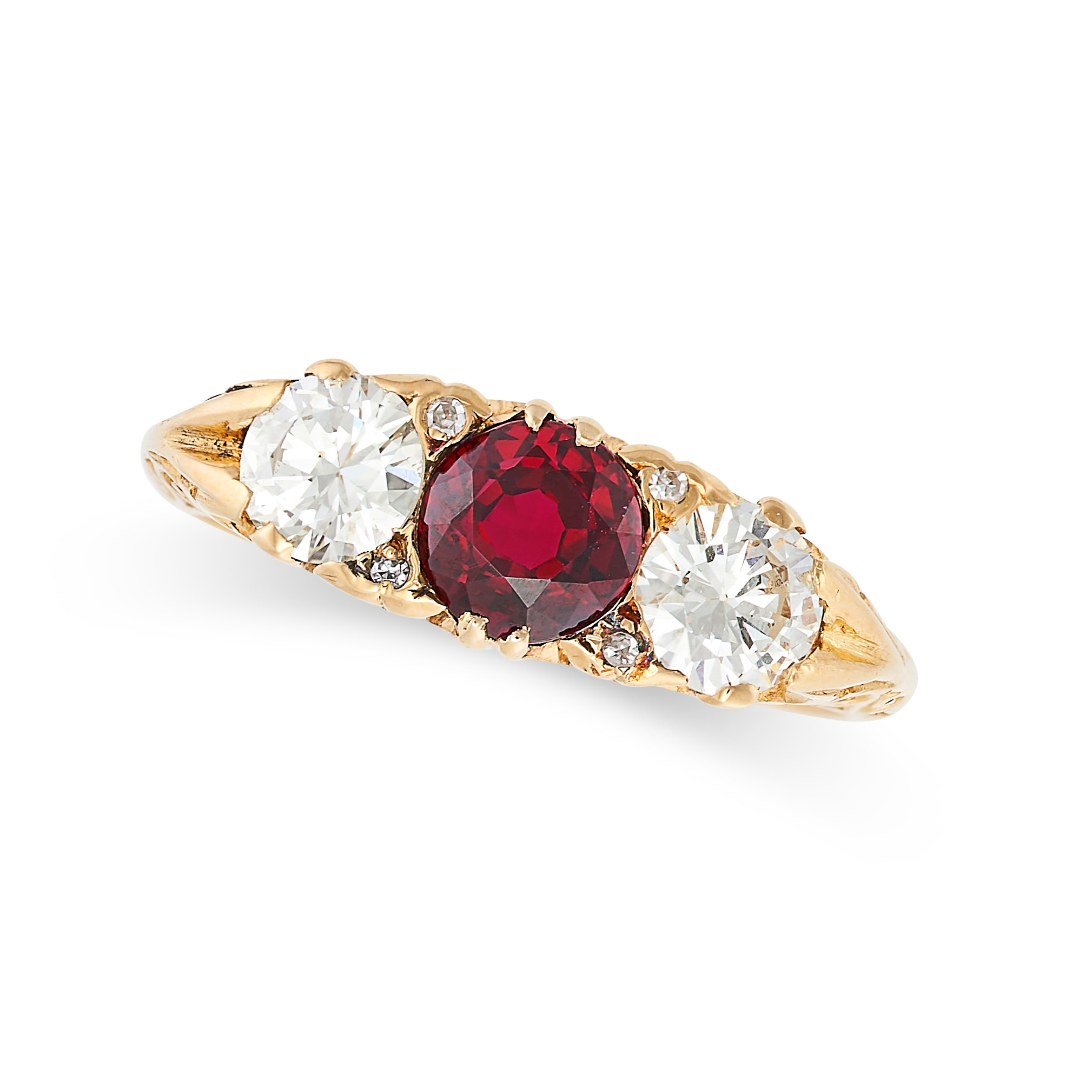 A RUBY AND DIAMOND RING in 18ct yellow gold, set with a round cut ruby of 0.97 carats between two