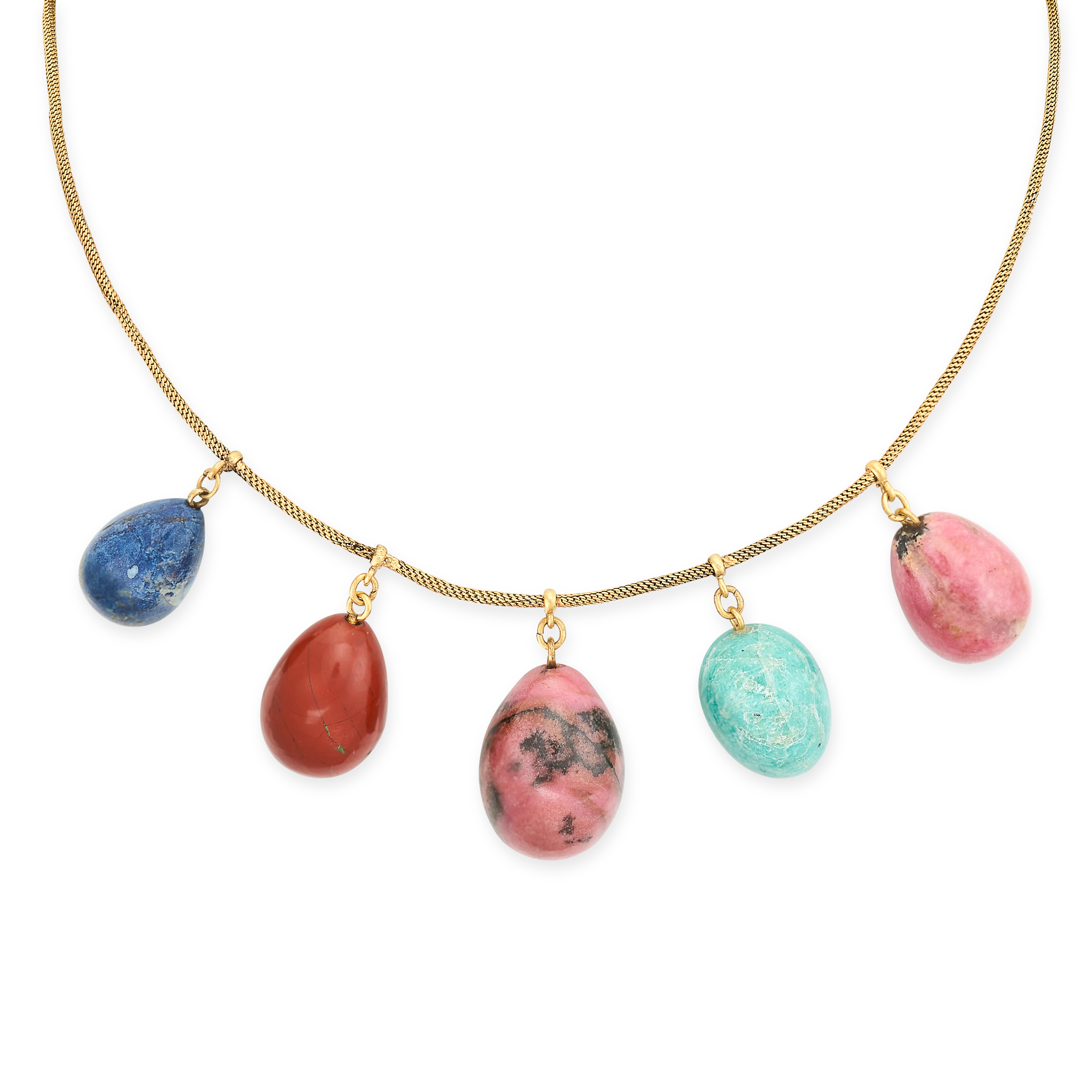 A HARDSTONE EGG NECKLACE in yellow gold, comprising a fine snake link chain, suspending polished