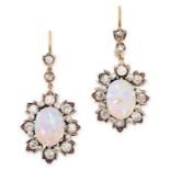 A PAIR OF ANTIQUE OPAL AND DIAMOND DROP EARRINGS in yellow gold and silver, each set with an oval