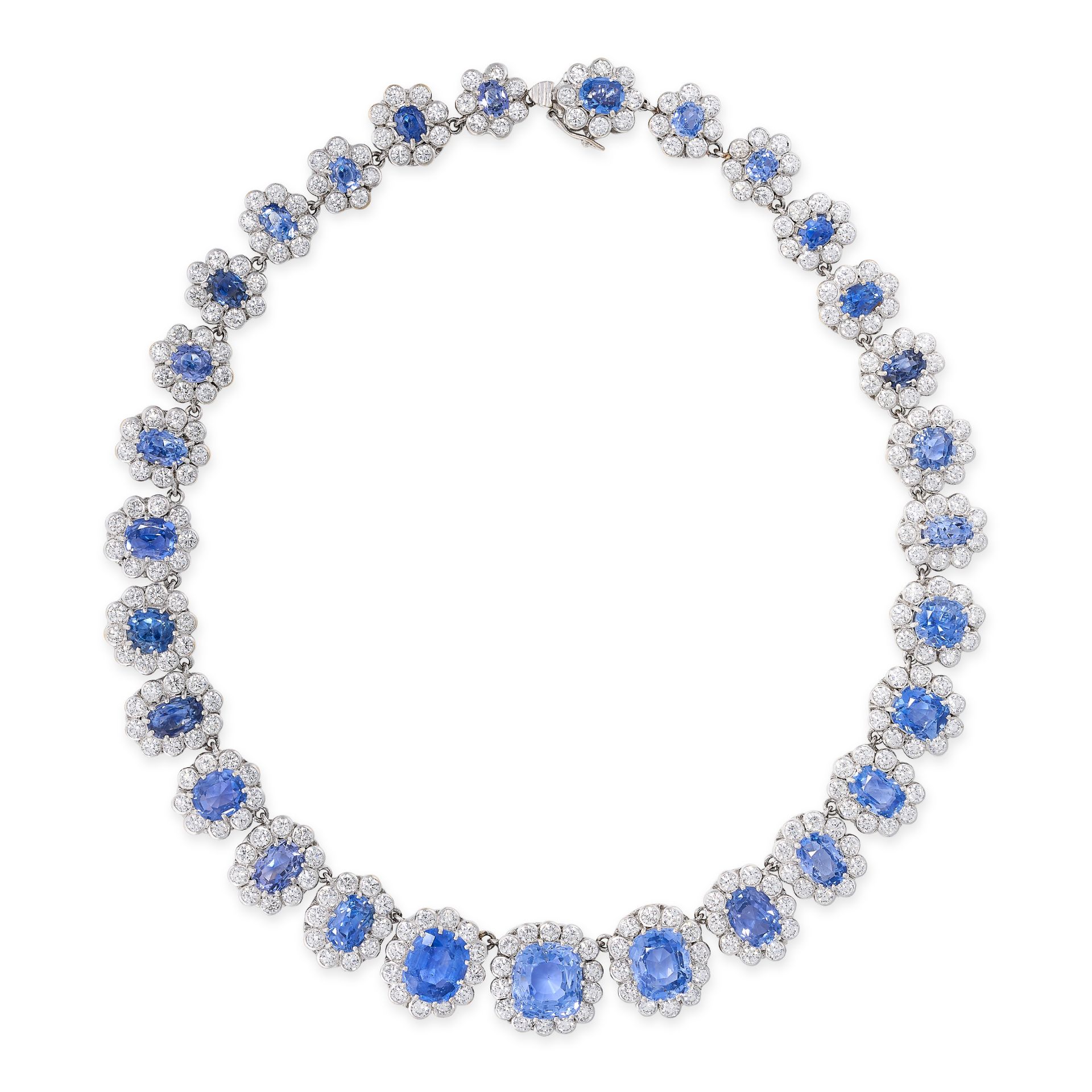 AN IMPORTANT CEYLON NO HEAT SAPPHIRE AND DIAMOND TIARA / NECKLACE AND EARRINGS SUITE the tiara / - Image 2 of 5