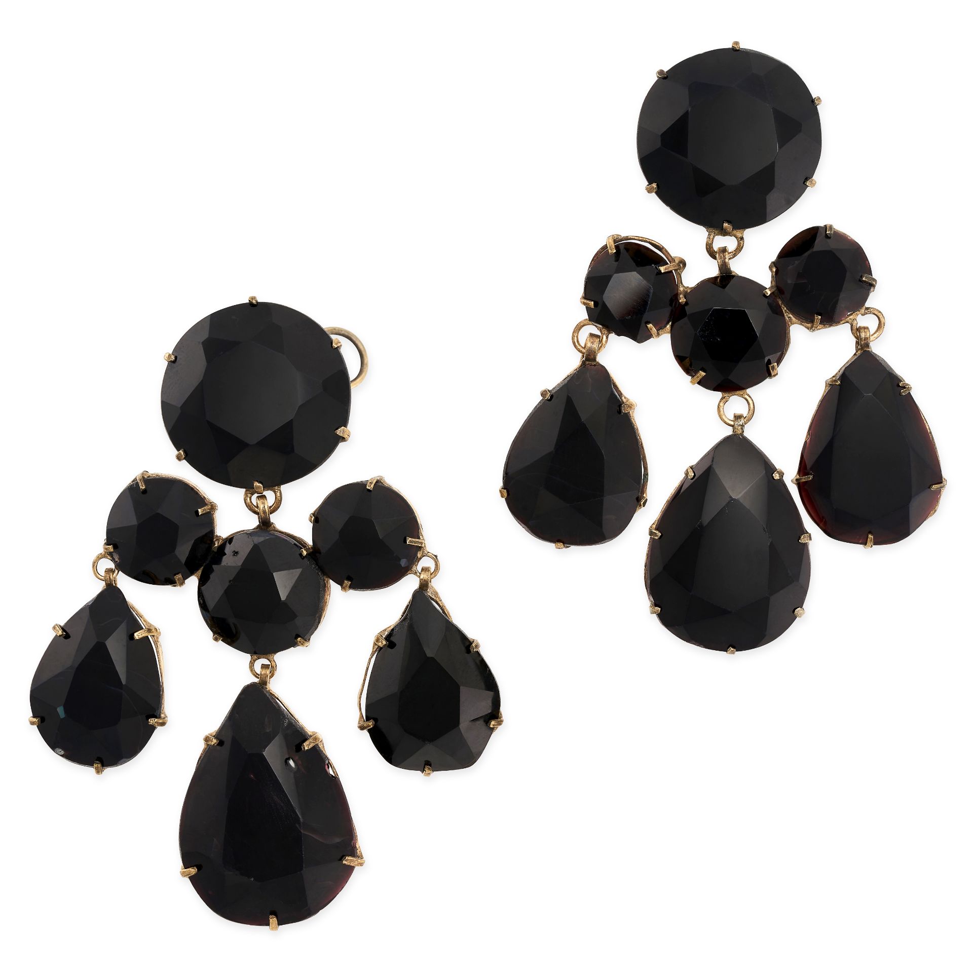 A PAIR OF ANTIQUE 'QUEEN ANNE' PASTE GIRANDOLE EARRINGS each set with a large circular cut very dark