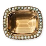 AN ANTIQUE SMOKY QUARTZ AND PEARL BROOCH set with a large cushion cut smoky quartz within a border