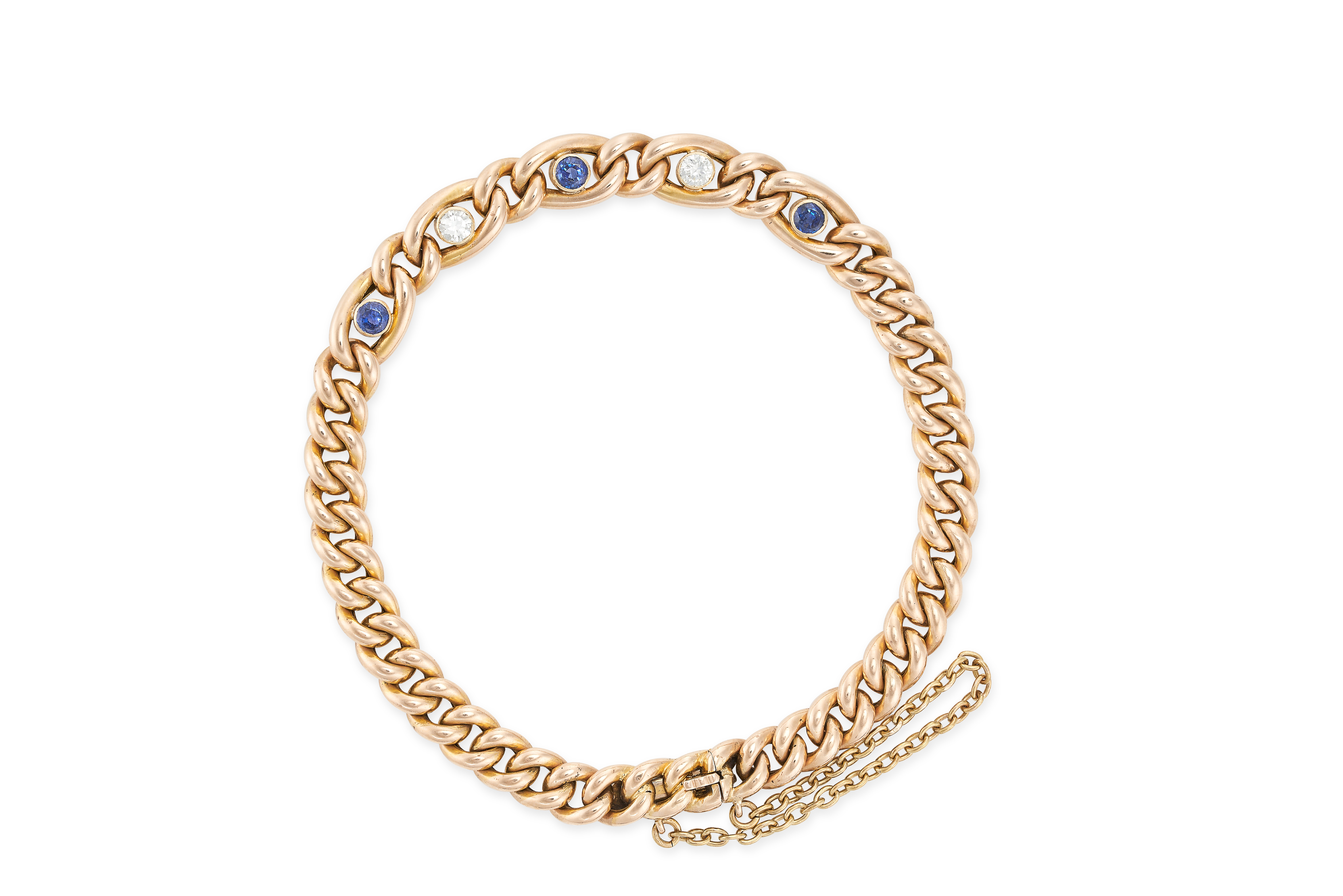 A VINTAGE SAPPHIRE AND DIAMOND BRACELET, CIRCA 1930 in 15ct yellow gold, comprising a curb link