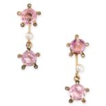 A PAIR OF ANTIQUE PINK TOURMALINE, DIAMOND AND PEARL DROP EARRINGS in yellow gold and silver, the