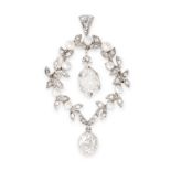A BELLE EPOQUE DIAMOND AND PEARL PENDANT in platinum, designed as a wreath set with pearls and
