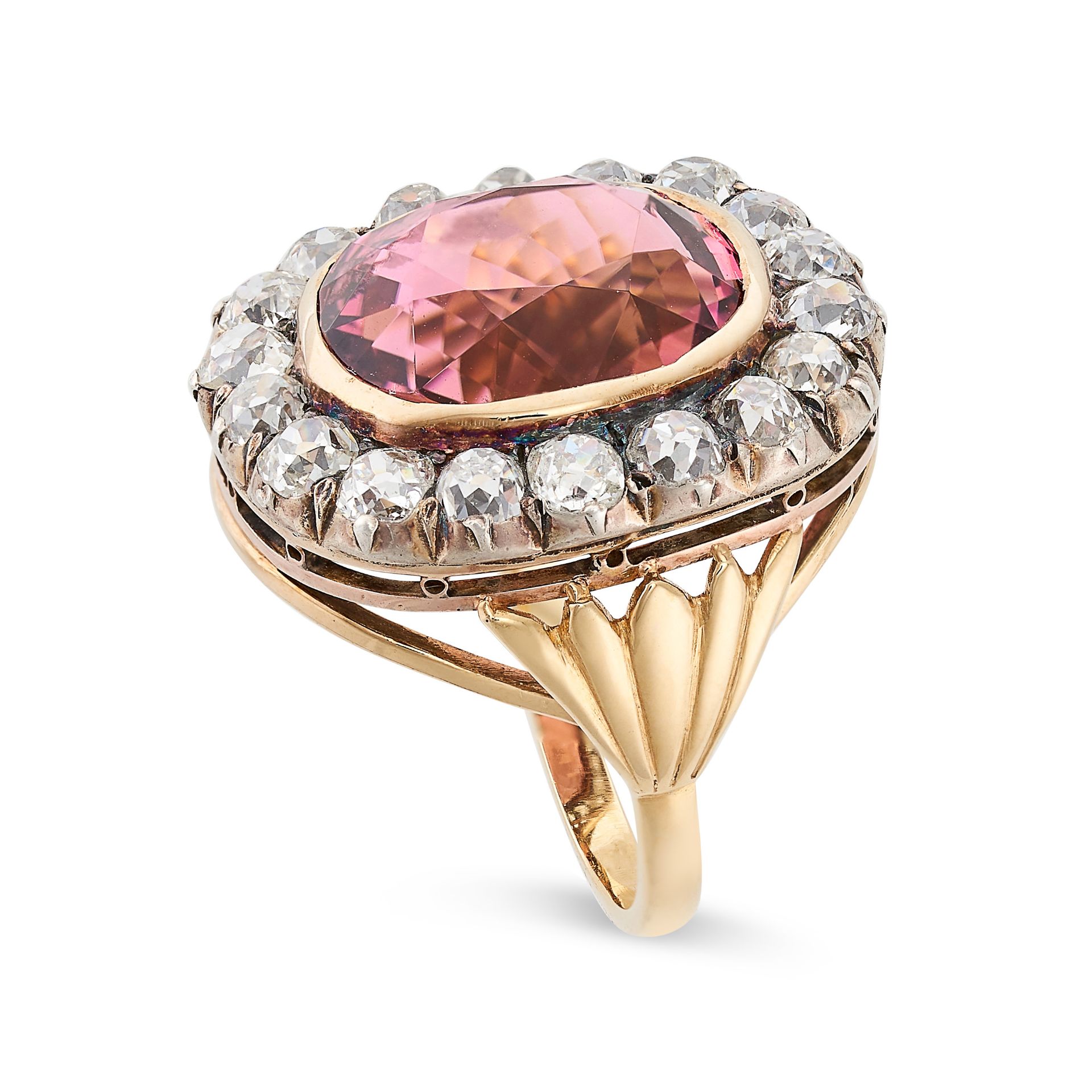 A FINE ANTIQUE PINK TOURMALINE AND DIAMOND RING, 19TH CENTURY in yellow gold and silver, set with - Bild 2 aus 2