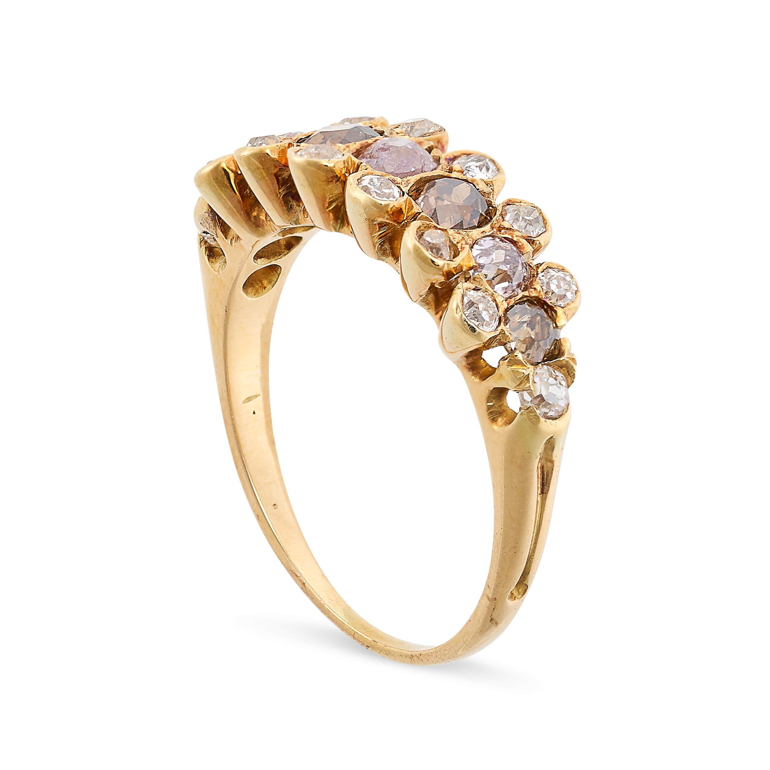 A PINK AND BROWN DIAMOND HALF ETERNITY RING in yellow gold, set with a row of alternating pink and - Image 2 of 2