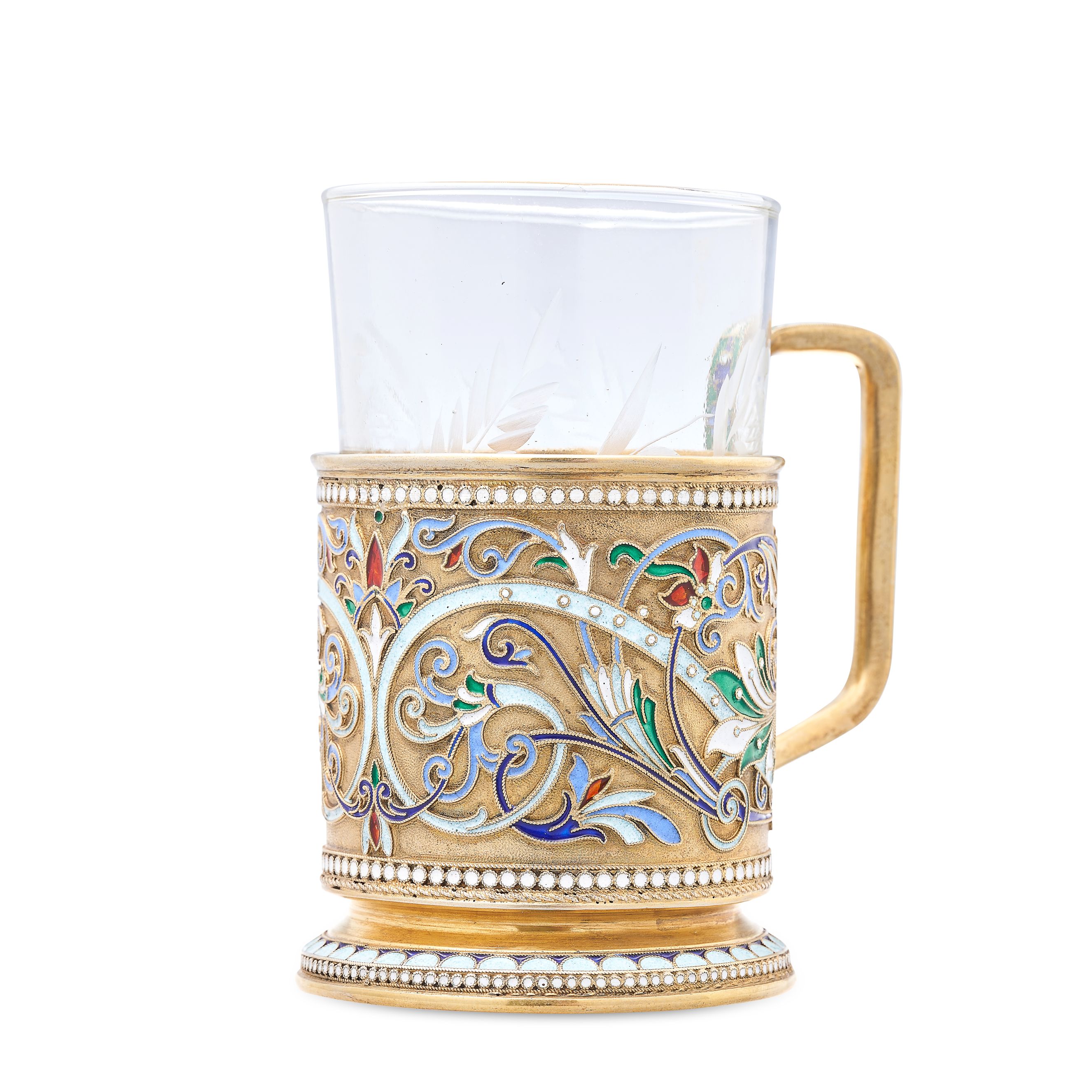 AN ANTIQUE IMPERIAL RUSSIAN ENAMEL PODSTAKANNIK / TEA GLASS HOLDER, VASILY AGAFONOV, MOSCOW 1908- - Image 2 of 2