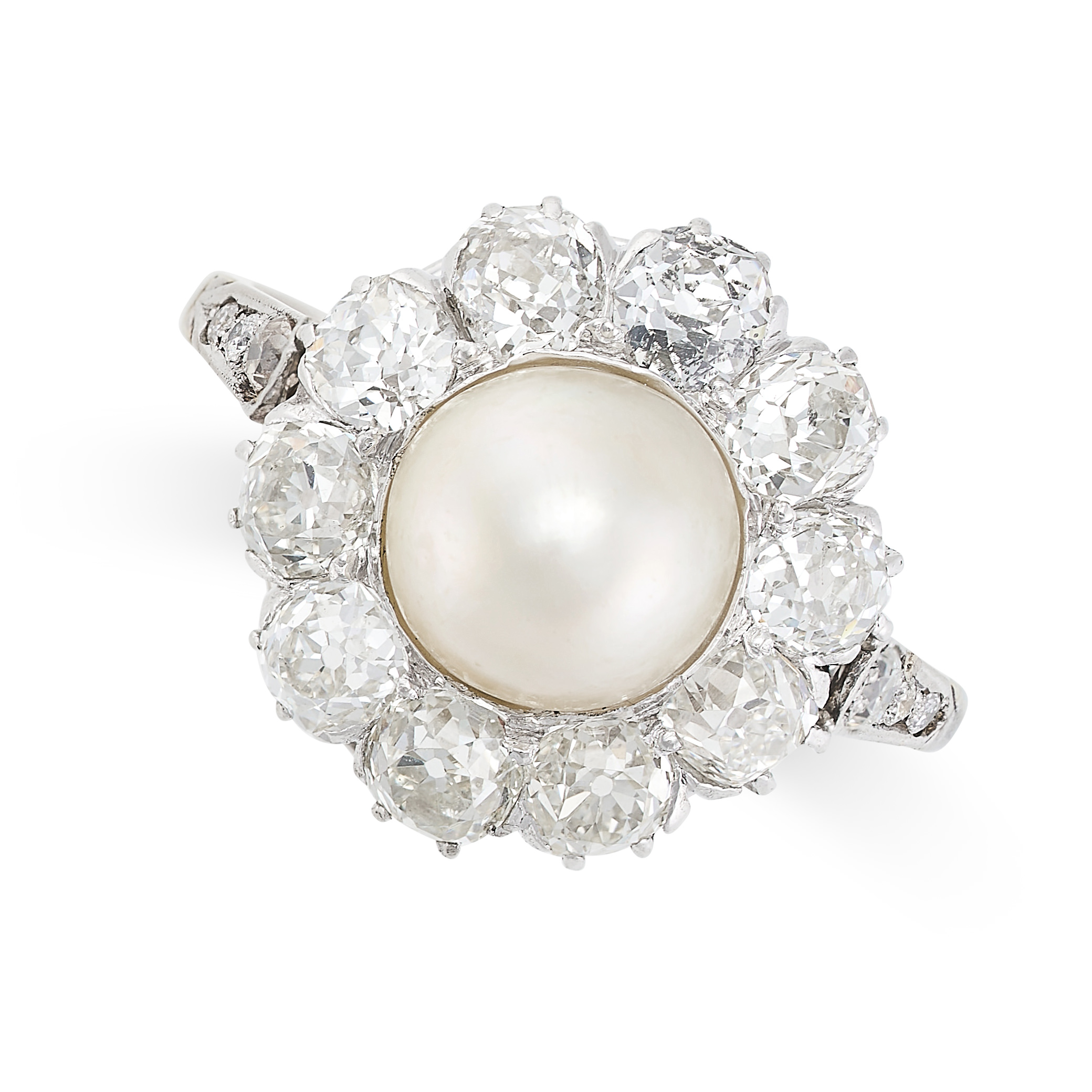 A FINE NATURAL PEARL AND DIAMOND CLUSTER RING set with a pearl of 8.9mm within a cluster of old