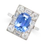 A CEYLON NO HEAT SAPPHIRE AND DIAMOND DRESS RING set with a cushion cut blue sapphire of 4.10