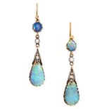 A PAIR OF OPAL AND DIAMOND DROP EARRINGS in yellow gold and silver, the articulated bodies set