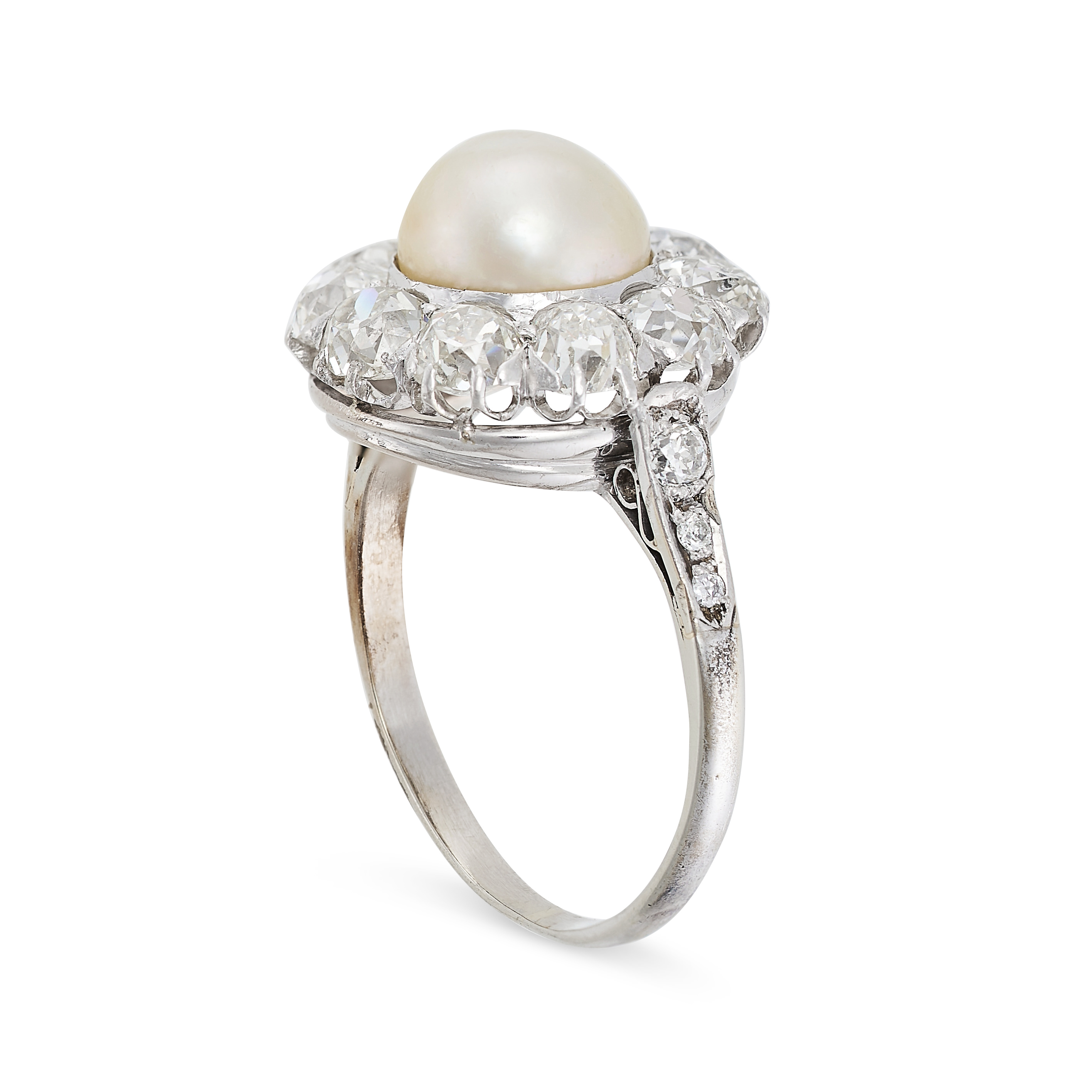 A FINE NATURAL PEARL AND DIAMOND CLUSTER RING set with a pearl of 8.9mm within a cluster of old - Image 2 of 2