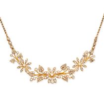 AN ANTIQUE SEED PEARL FLORAL NECKLACE in 15ct yellow gold, comprising a gold rope chain with