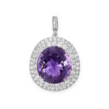 AN AMETHYST AND DIAMOND PENDANT set with an oval cut amethyst of 12.93 carats, within a two row