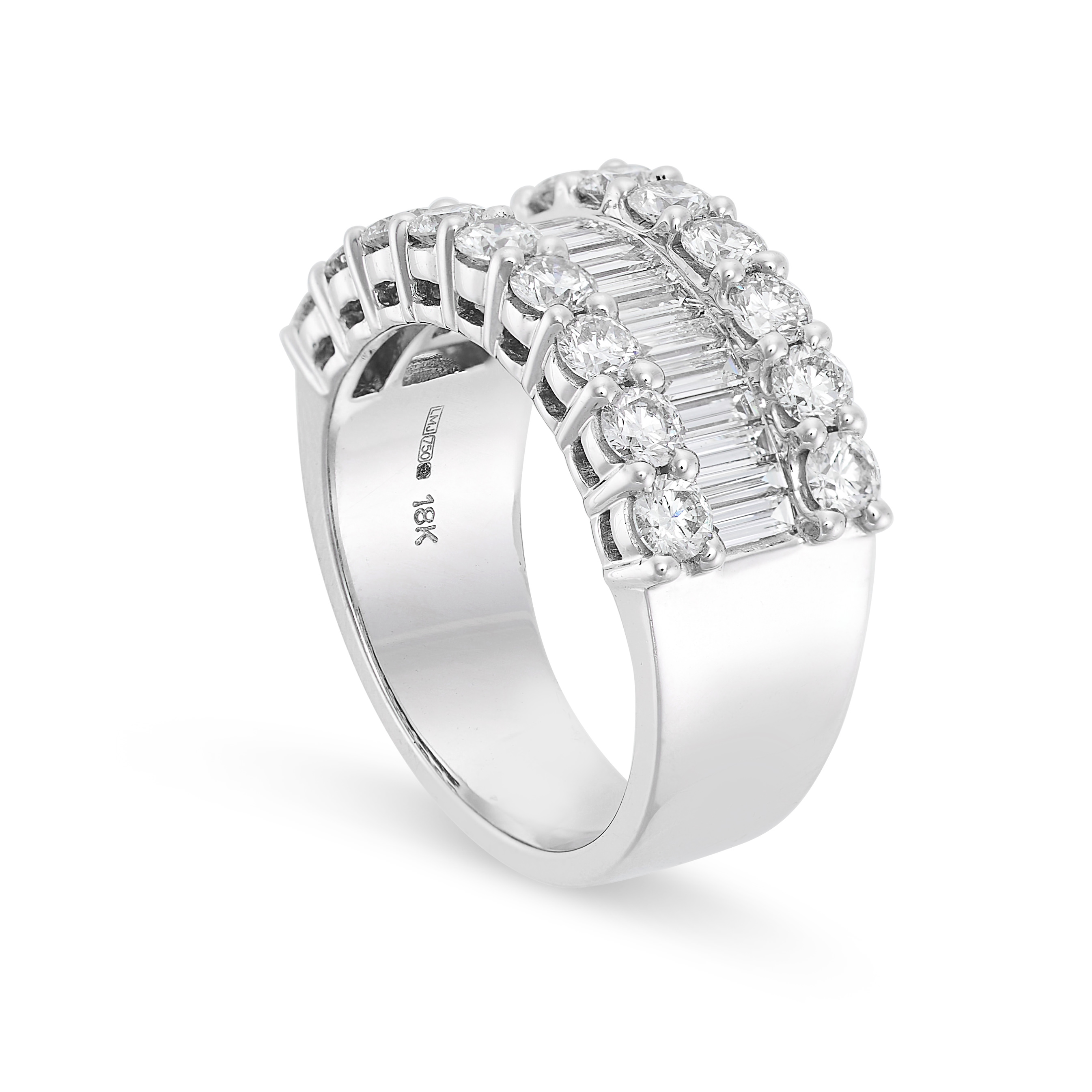 A DIAMOND BAND RING in 18ct white gold, set with a central panel of step cut diamonds between two - Image 2 of 2