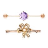 A VINTAGE AMETHYST BAR BROOCH AND A VINTAGE PEARL BAR BROOCH in yellow gold, one set with a round