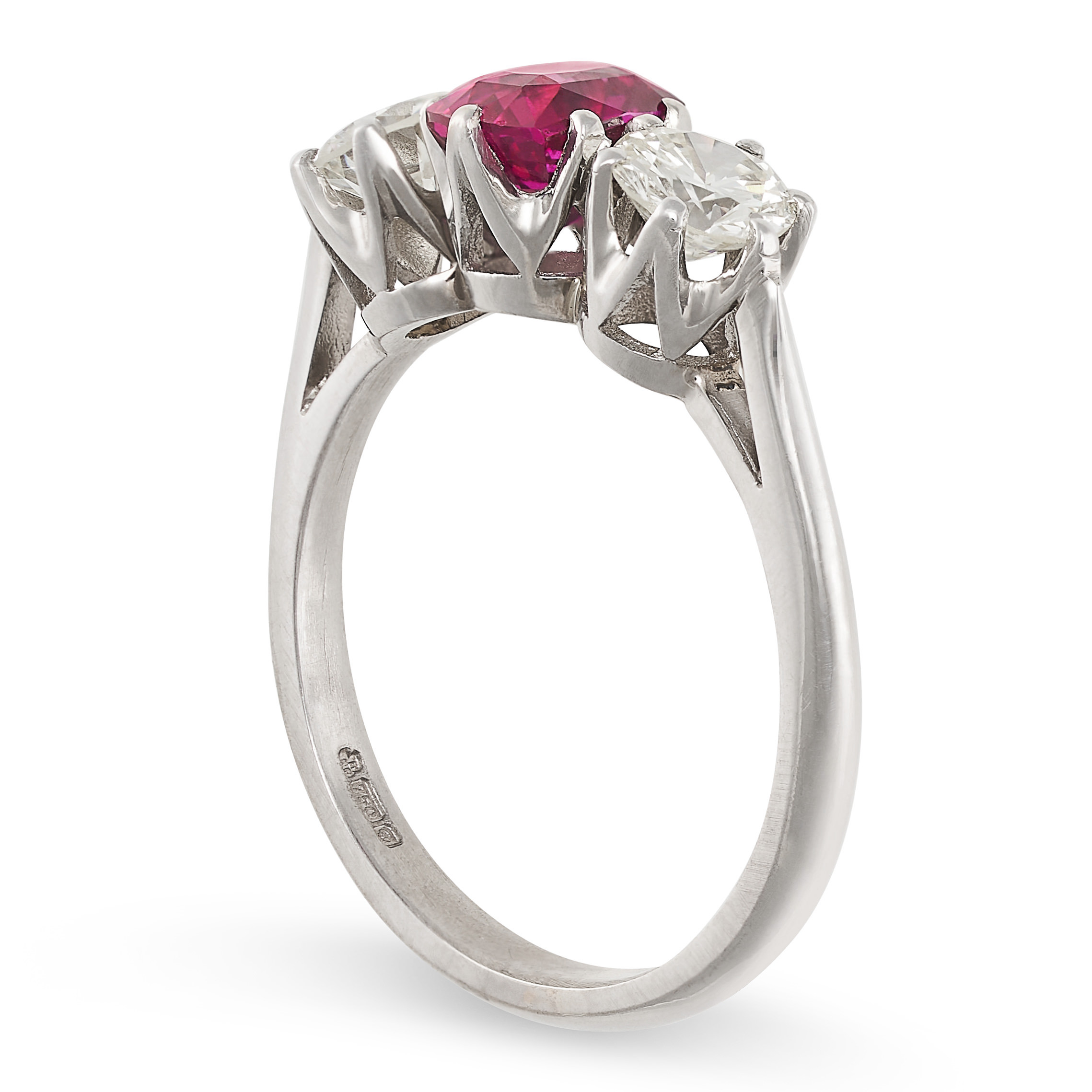 A FINE UNHEATED RUBY AND DIAMOND THREE STONE RING in 18ct white gold, set with a cushion cut ruby of - Image 2 of 2