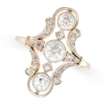 A FINE ANTIQUE DIAMOND DRESS RING, EARLY 20TH CENTURY in yellow gold and platinum, the scrolling