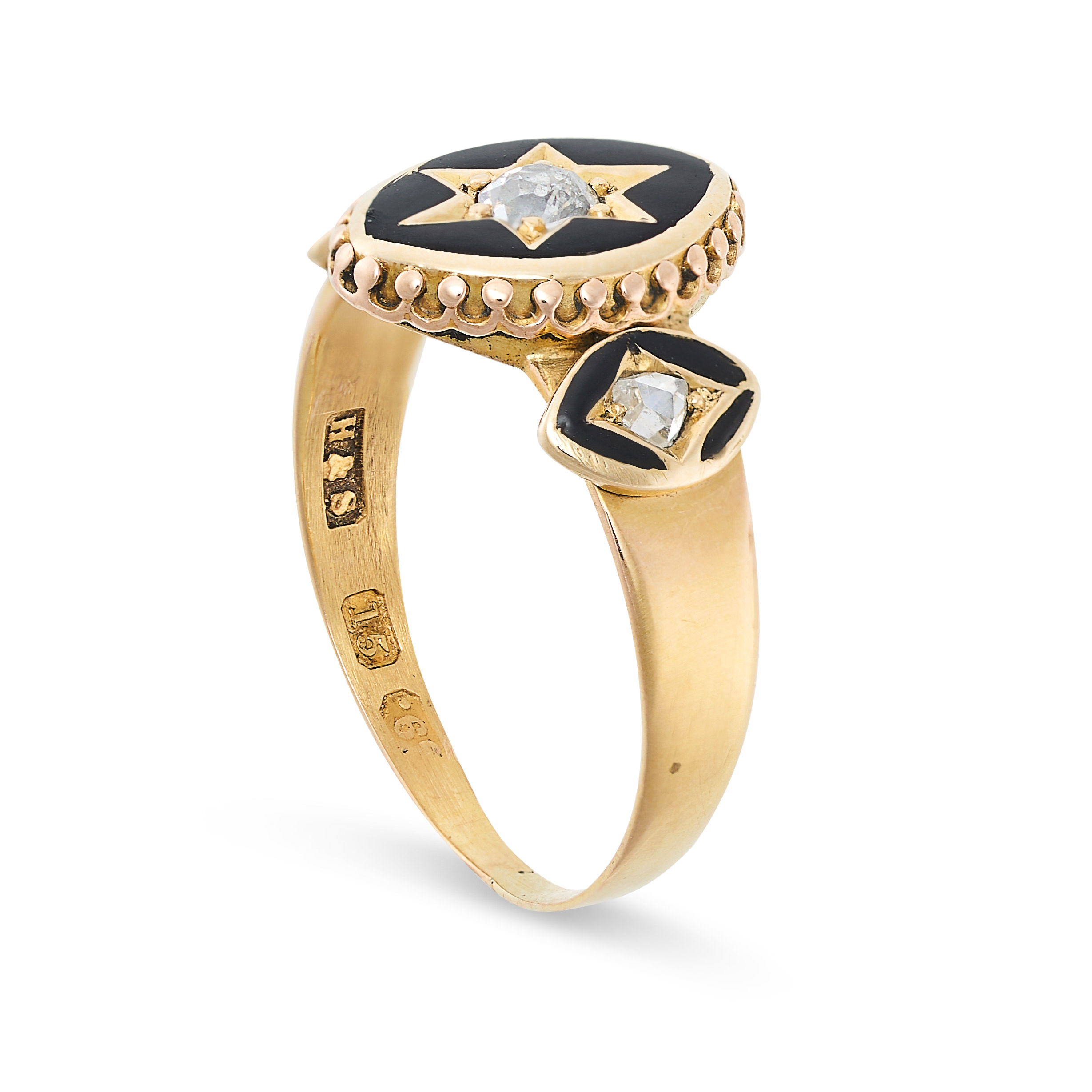 AN ANTIQUE DIAMOND AND ENAMEL RING in 15ct yellow gold, the oval face with central star motif set - Image 2 of 2