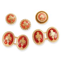 AN ANTIQUE ENAMEL DRESS SET in yellow gold, comprising three dress studs and a pair of cufflinks,