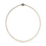 A PEARL NECKLACE comprising a single row of pearls ranging from 3.5mm to 7.2mm, the circular clasp