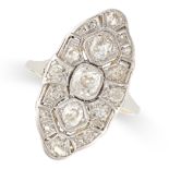A DIAMOND PLAQUE RING, EARLY 20TH CENTURY set with three central old mine cut diamonds, accented