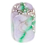 A JADEITE JADE PLAQUE / PENDANT comprising a single piece of carved mottled lavender and green
