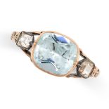 AN ANTIQUE AQUAMARINE AND DIAMOND DRESS RING, 19TH CENTURY in yellow gold and silver, set with a