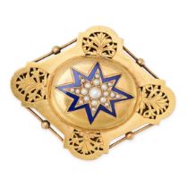 AN ANTIQUE PEARL AND ENAMEL MOURNING BROOCH in high carat yellow gold, in Etruscan revival design,