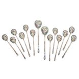 NO RESERVE - A FINE SET OF ANTIQUE IMPERIAL RUSSIAN SILVER ENAMEL SPOONS, MOSCOW 1908-1917 in 84