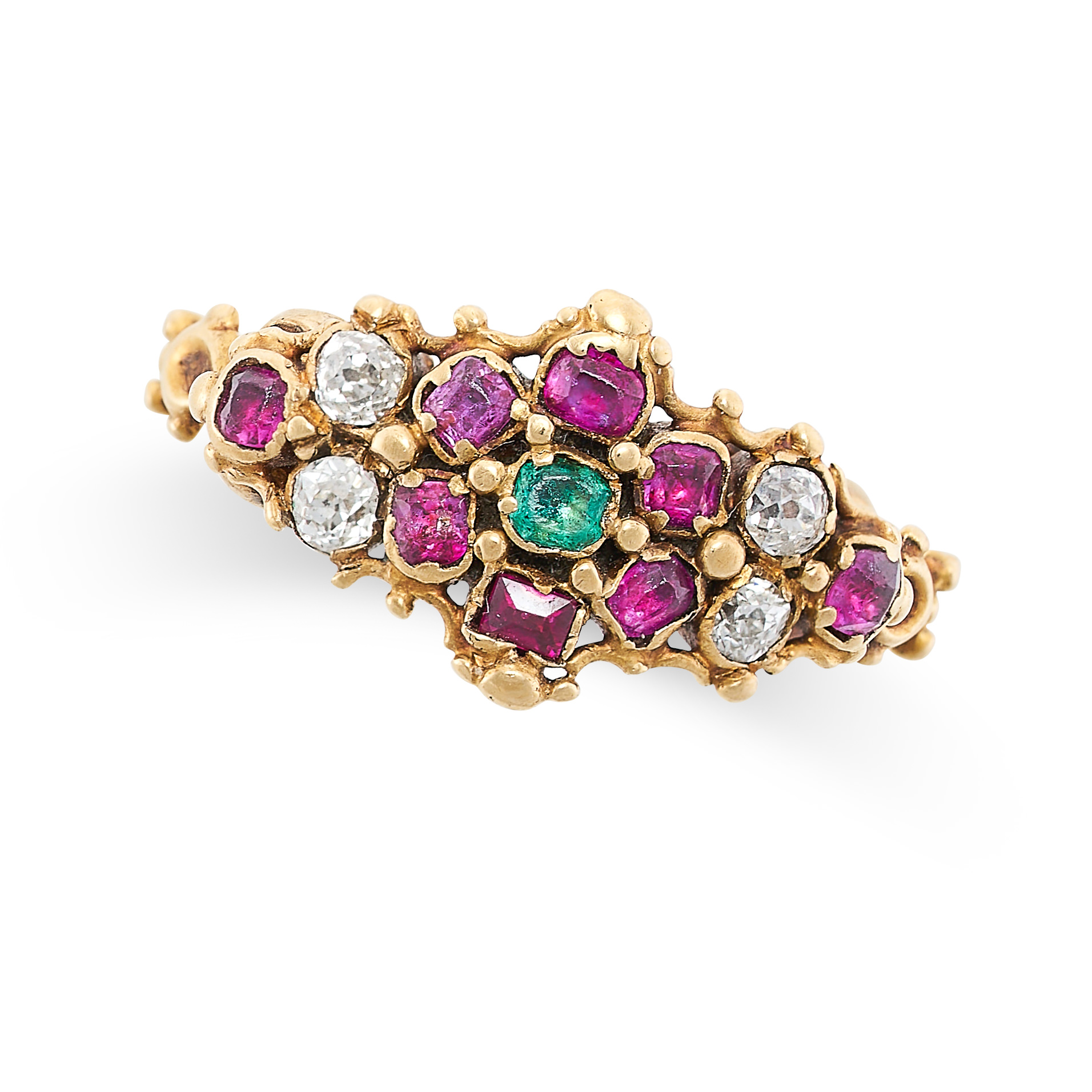 AN ANTIQUE RUBY, EMERALD AND DIAMOND MOURNING LOCKET RING, 19TH CENTURY in yellow gold, set