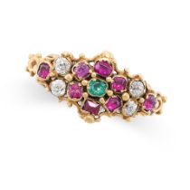 AN ANTIQUE RUBY, EMERALD AND DIAMOND MOURNING LOCKET RING, 19TH CENTURY in yellow gold, set
