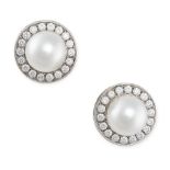 A PAIR OF DIAMOND AND PEARL CLUSTER EARRINGS each set with a pearl of 11.4mm, in a border of round