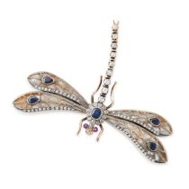 A SAPPHIRE, RUBY, DIAMOND AND MOTHER OF PEARL DRAGONFLY BROOCH in 18ct yellow gold and silver,
