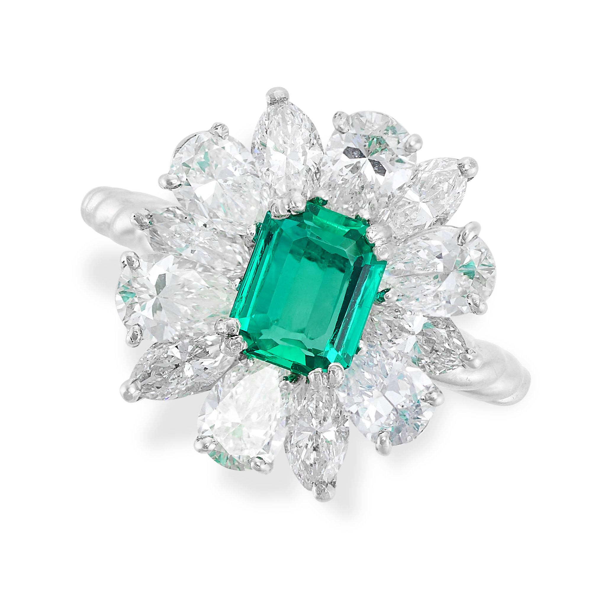 RENE KERN, A FINE EMERALD AND DIAMOND RING in platinum, set with an emerald cut emerald of 1.01