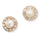 A PAIR OF NATURAL PEARL AND DIAMOND STUD EARRINGS in yellow gold, each set with a pearl of 5.5mm and