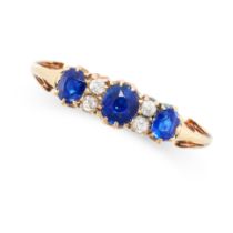 AN ANTIQUE SAPPHIRE AND DIAMOND RING in 18ct yellow gold, set with three cushion cut sapphires