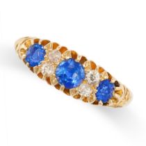 AN ANTIQUE EDWARDIAN SAPPHIRE AND DIAMOND RING, 1904 in 18ct yellow gold, set with three sapphires