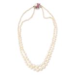 A PEARL AND RUBY NECKLACE in 14ct gold, comprising two rows of graduated pearls ranging from 2.9-9.