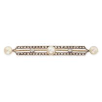 A DIAMOND AND PEARL BAR BROOCH in yellow gold and silver, set with three pearls, accented by rows of