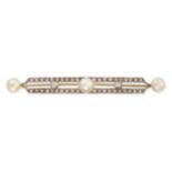 A DIAMOND AND PEARL BAR BROOCH in yellow gold and silver, set with three pearls, accented by rows of