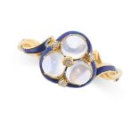 AN ANTIQUE MOONSTONE, ENAMEL AND DIAMOND RING in yellow gold, set with three cabochon moonstones